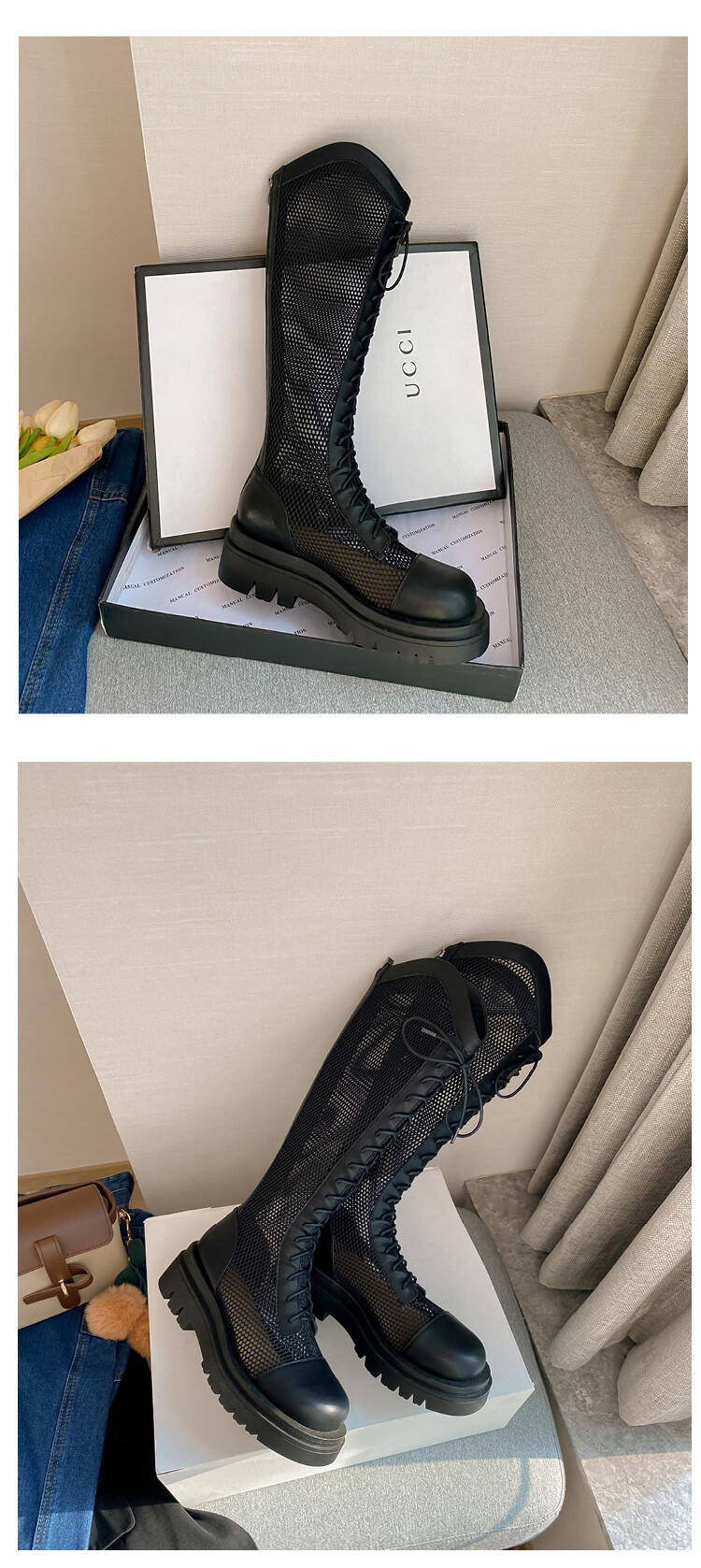 Boot lưới da thật cổ cao đế dày thoáng khí mùa xuân hè phong cách kỵ sĩ buộc dây — Màu nâu ống lớn, Màu đen cổ ống lớn, Ống nhỏ màu đen, Ống nhỏ màu be chi tiết 64