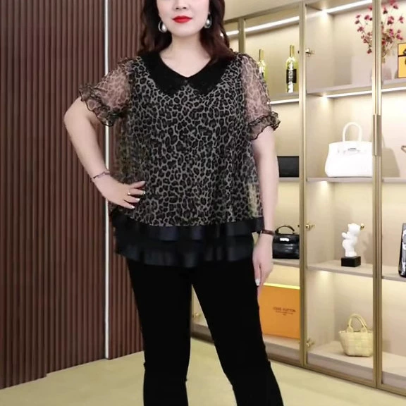 Летняя новая мода шифон леопардовый с двойным наложением случайный свободный плюс размер тонкая рубашка топ толстая мама девушка