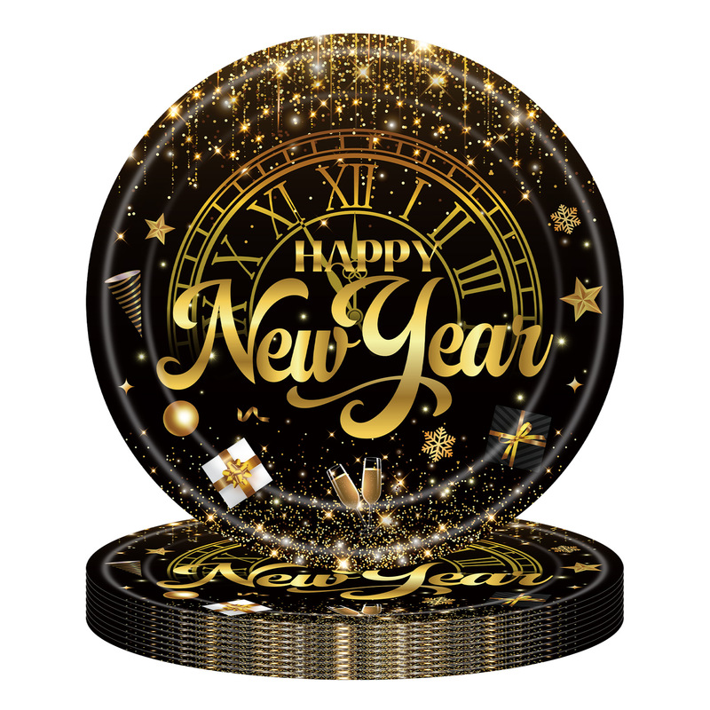 黑金新年快乐派对装饰餐具春节跨年布置一次性纸盘纸杯桌布用品|undefined