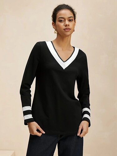 Autumn AliExpress & Amazon: New Fashionable Simple V-Neck Patchwork T-Shirts—Versatile Long-Sleeve Tops for Europe and America