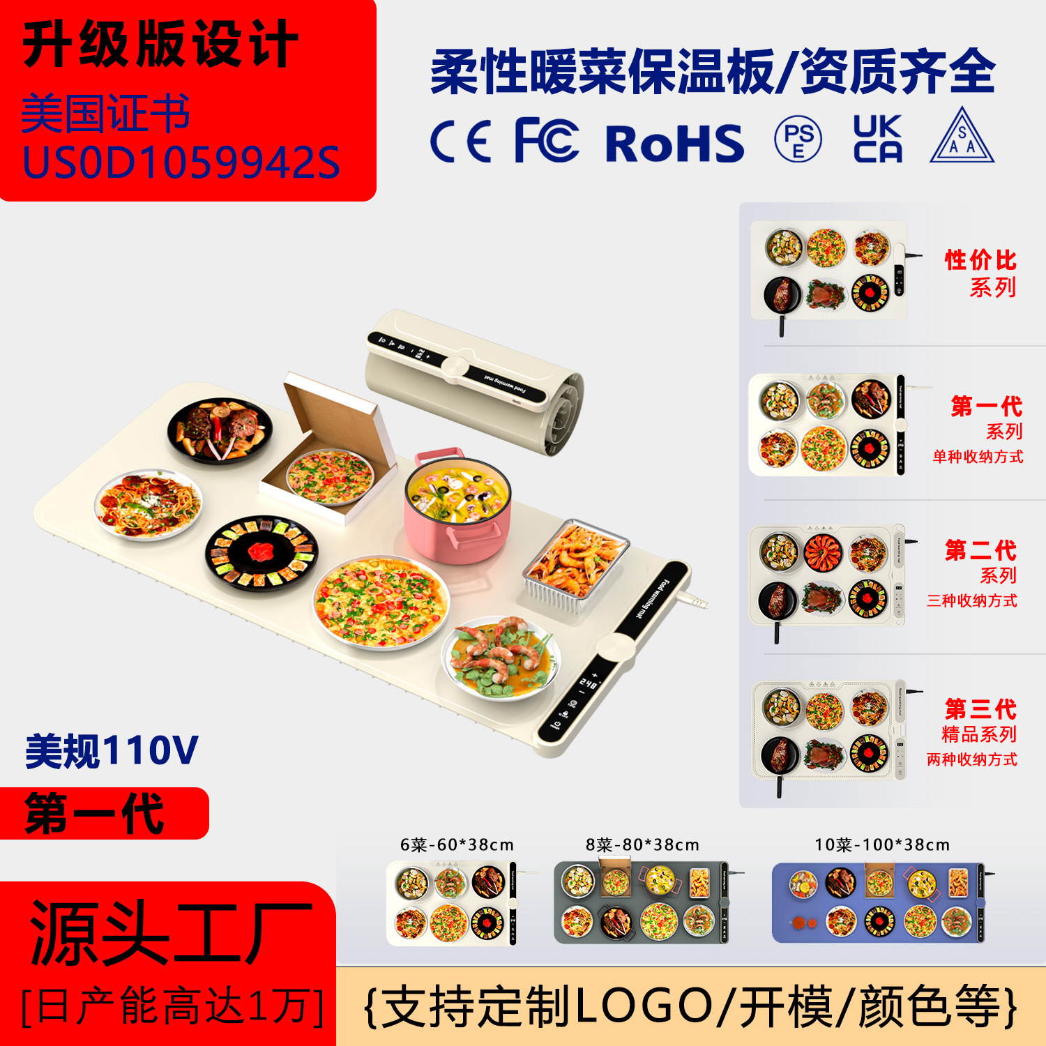 跨境爆款家用饭菜保温板垫柔性暖菜板垫硅胶可卷餐桌热菜板垫折叠