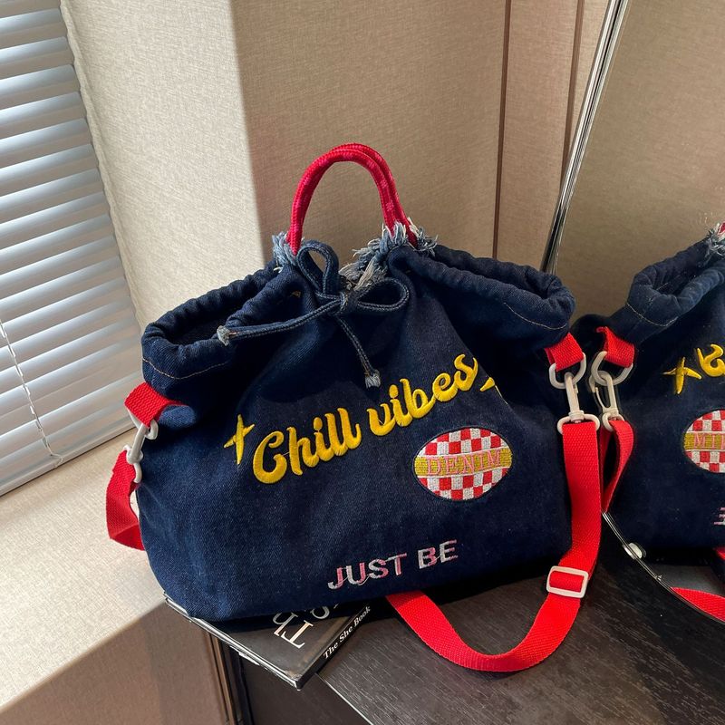 日本と韓国のデニム刺繍ボールチェーンポータブルトートバッグ大容量ショルダーバッグカジュアル通勤クロスボディバッグ|undefined