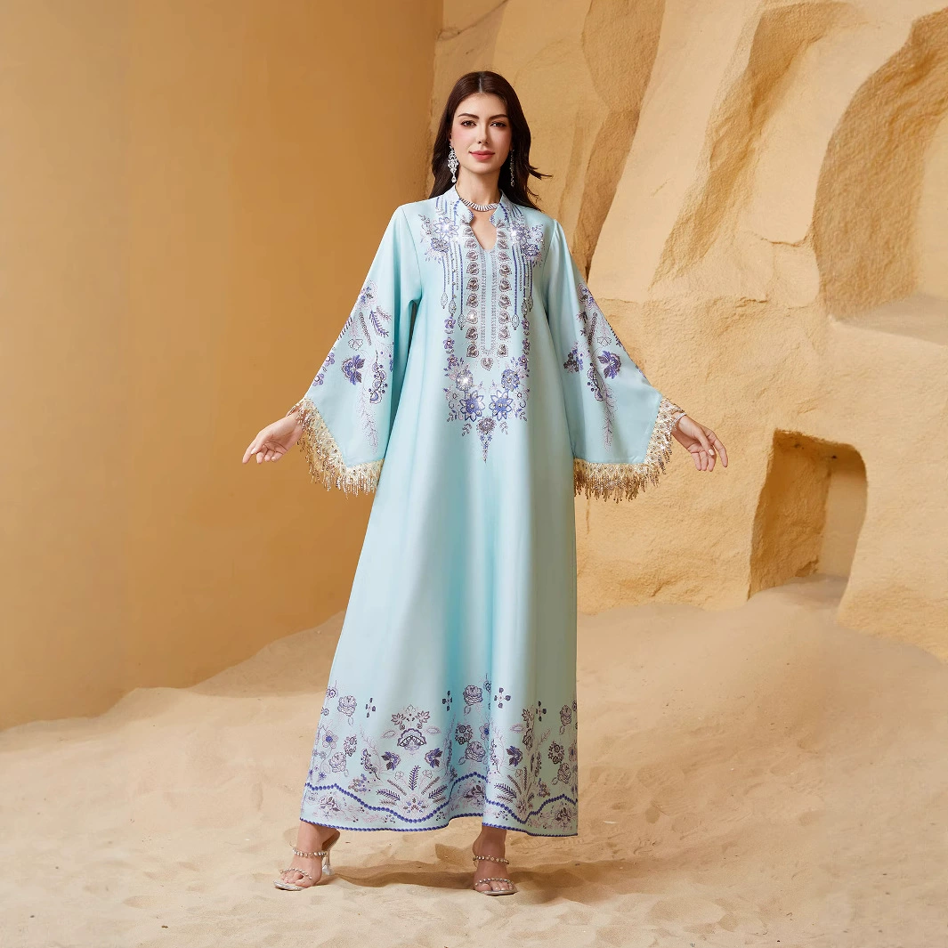 Популярное длинное мусульманское платье в арабском стиле из Дубая с принтом и бахромой, абайя