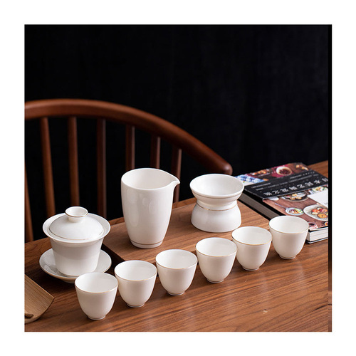 Sheer Jade Ceramic White Porcelain Gongfu Cover Cup Tea Set Gift Hosting Tea Brewing Utensils Living Room Home Teapot Tea Cups
