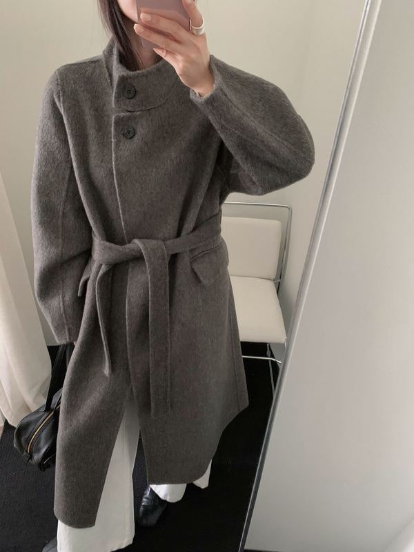 羊毛大衣女2025秋冬立领宽松系带高级感加长款双面羊毛双面呢外套|undefined