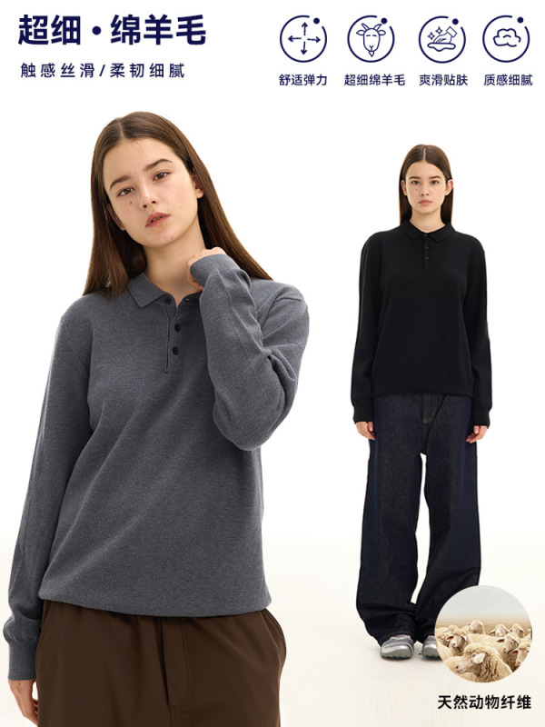 老钱风绵羊毛cleanfit舒适软糯针织毛衣休闲翻领POLO衫男女秋冬|undefined