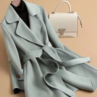 2024 new cashmere coat double-sided tweed spring and autumn high-end Korean-style age-reducing Hepburn mid-length trench coat trendy