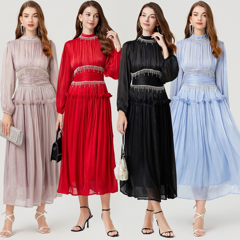 European and American Small Tassel Diamond Fold Waist Skirt Cross-border French Niche Design Heavy Industry Lengthened dress European and American Small Tassel Diamond Fold Waist Skirt Cross-border French Niche Design Heavy Industry Lengthened dress