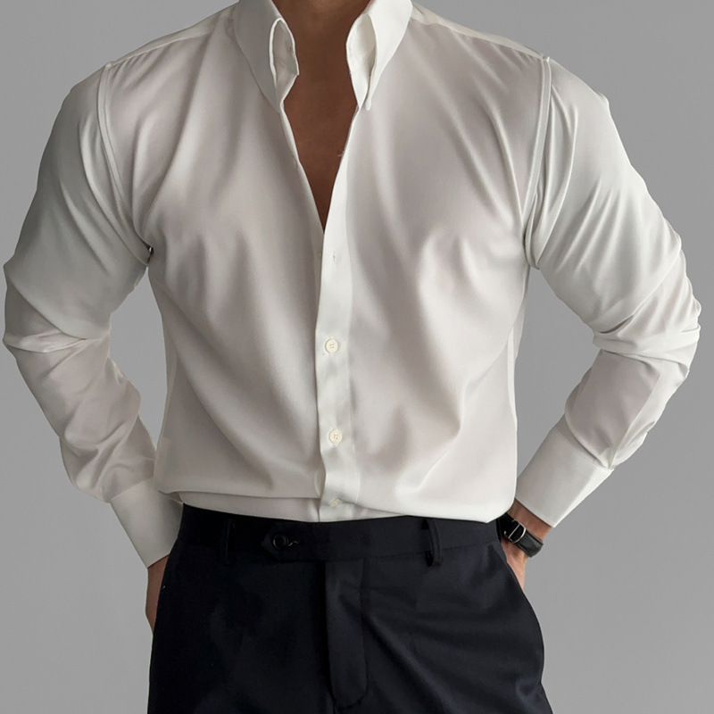 Stretchy Figure-Flattering Slim Casual Spring and Autumn Long-Sleeved Shirt for Muscular Men's Sports and Fitness Lapels, No Ironing, Handsome Wholesale