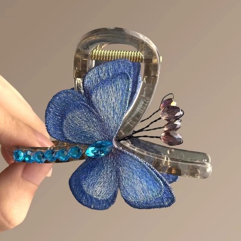 1# Pinza para el Cabello - Accesorio de Doble Cara con Mariposa Bordada Azul - 8cm