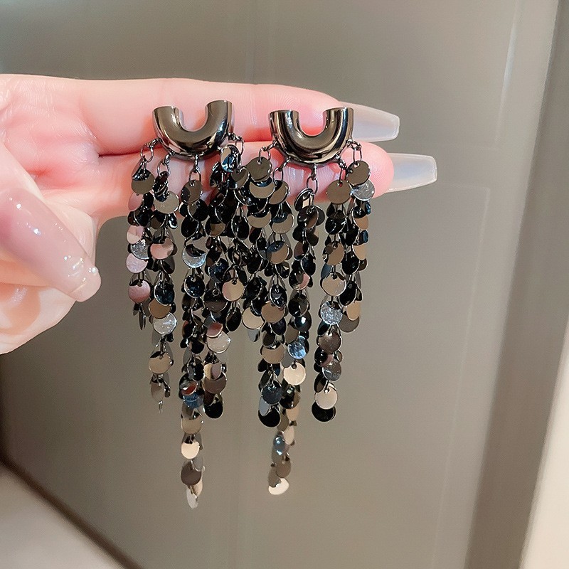 Silver Needle Geometric Sequin Tassel Earrings For Women Fashion_voghion.com