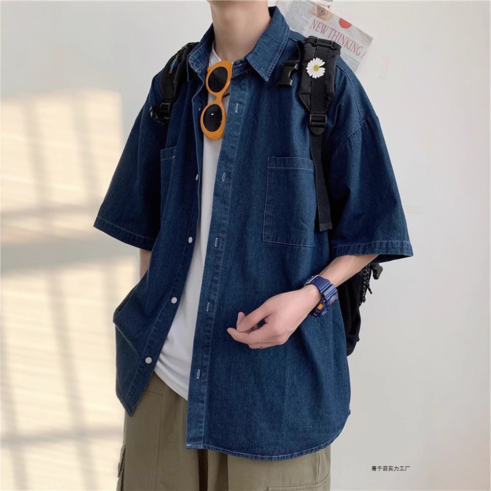 2025复古牛仔衬衫夏季男款潮牌短袖衬衣青少年宽松休闲工装薄外套