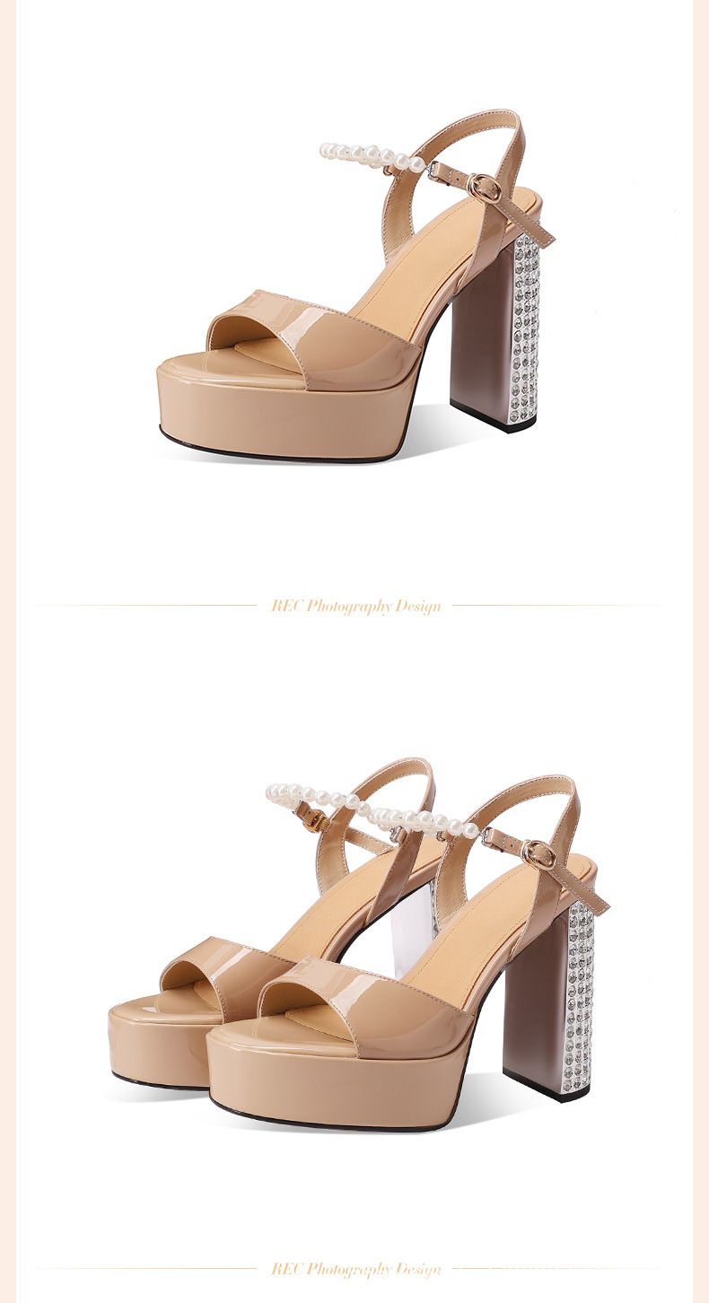 Sandal nữ cao gót mũi tròn quai ngang đính đá gót dày platform da sáng chế — đen chi tiết 4