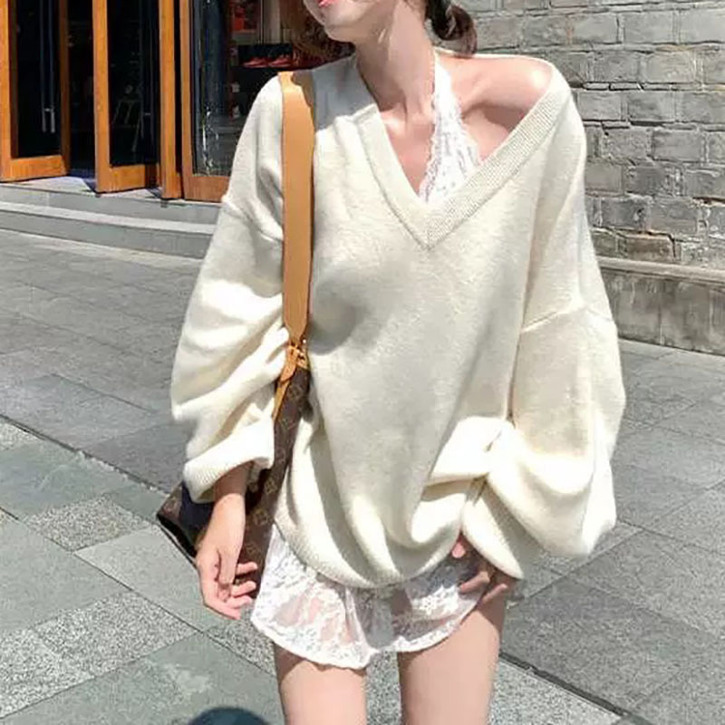 Retro colored long sweater, knitted jacket, V-neckline