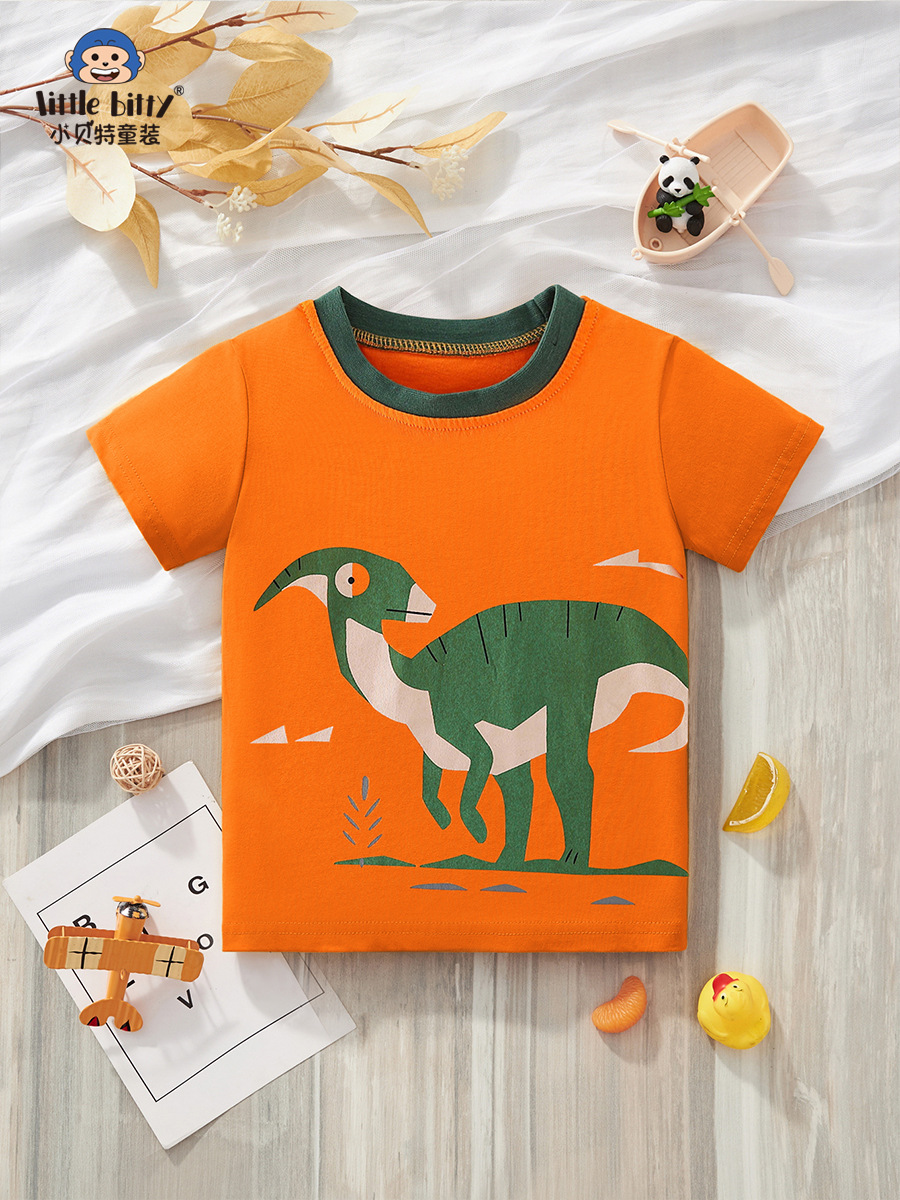 2025 Summer New Children Cartoon Dinosaur Short-sleeved T-shirt Boys Casual Fashion Cotton Top Clothing