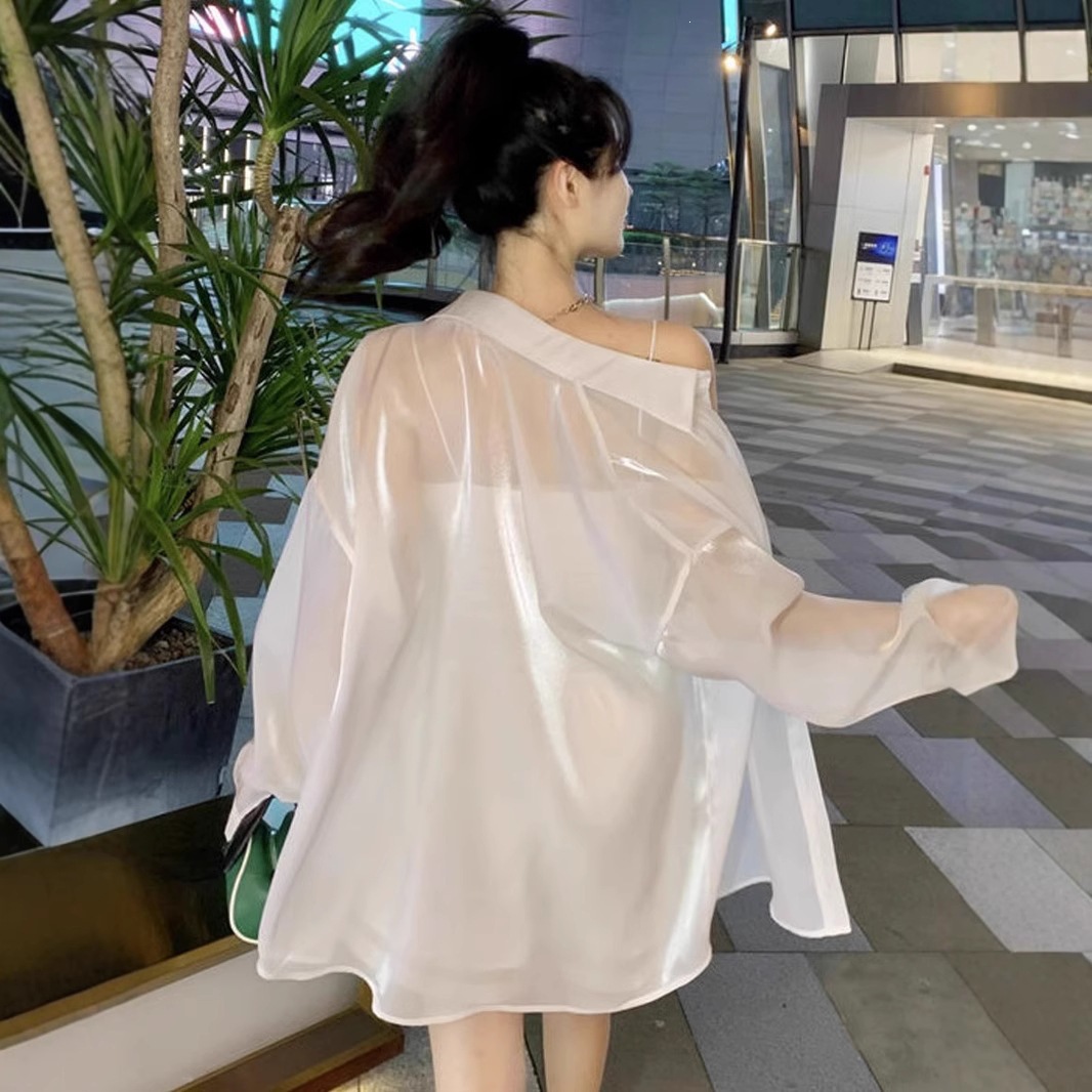 人鱼姬防晒衬衫女长袖披肩夏季防紫外线冰丝白色上衣空调衫薄外套
