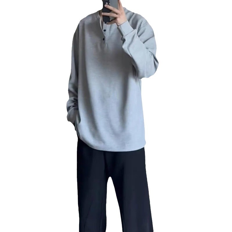 New waffle long sleeved T-shirt for men in spring and autumn vintage Henry collar, loose casual base shirt_voghion.com