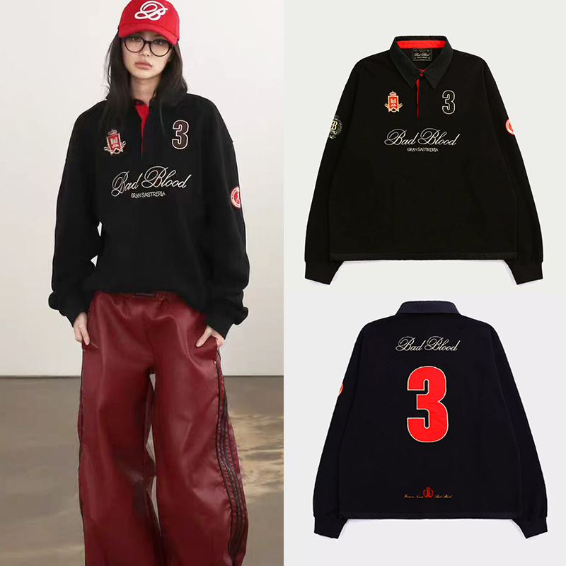 Badblood American Retro Black Embroidered Lapel Sweatshirt Loose Casual Sports Polo Collar Long-Sleeved Top for Women