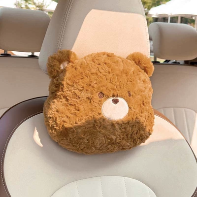 Car Cushion, Neck Pillow, Cute | Waist support - rabbit-fur-polished-bear-head-pillow-light-coffee