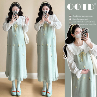 2025 Spring and Summer New Korean Fashion Sweet Pregnant Women's Slip Skirt Doll Collar Shirt Age Reduced Pregnant Women's Skirt suit