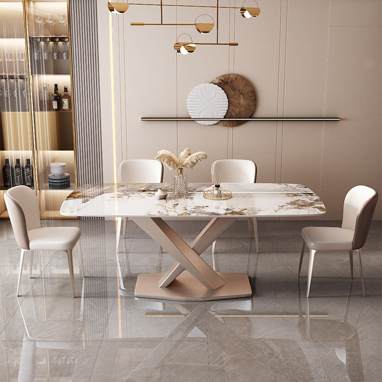 Mesa de comedor de tabla de roca de lujo ligero de Dalifeng, mesa de comedor doméstica moderna y simple, combinación de mesas y sillas rectangulares.