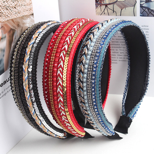 New Korean Wide Edge Flat Hair Clip with Ethnic Style Diamond Strips, Embellished with Diamond and Pearl Sparkles, Extended Face-Washing Hairpin