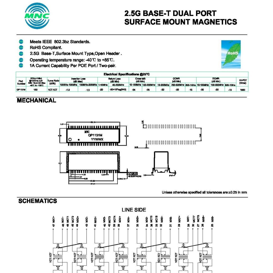 QP1131M 以太网络变压器LAN Transformers 2.5G Base-T