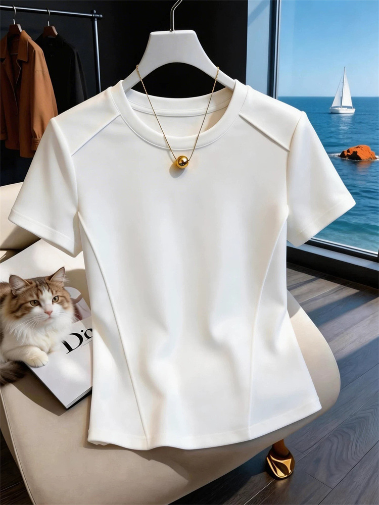 2026 Summer Niche Fishbone Line Design Minimalist Slimming Versatile White Pure Cotton Short-Sleeve T-Shirt Women's Top