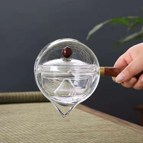 360-degree rotating leisure teapot, high borosilicate glass leisure pot, high-temperature resistant wooden handle tea brewing set
