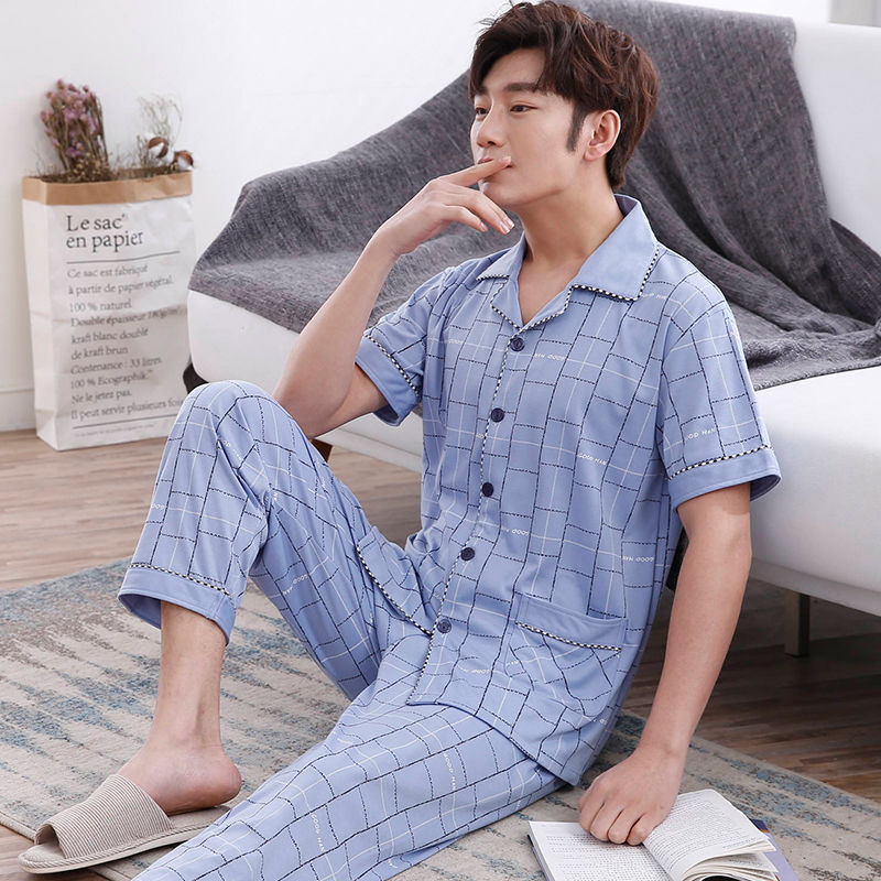 Pijamas de hombre ropa de verano 100% algodón pantalones de manga corta chaqueta juvenil traje de homewear delgado de mediana edad