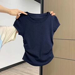 藏蓝色正肩短袖T恤女夏季新款设计感褶皱收腰圆领修身显瘦短上衣