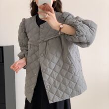 韩版反季2024冬新款羽绒服女设计感流苏泡泡袖菱格圆领白鸭绒外套