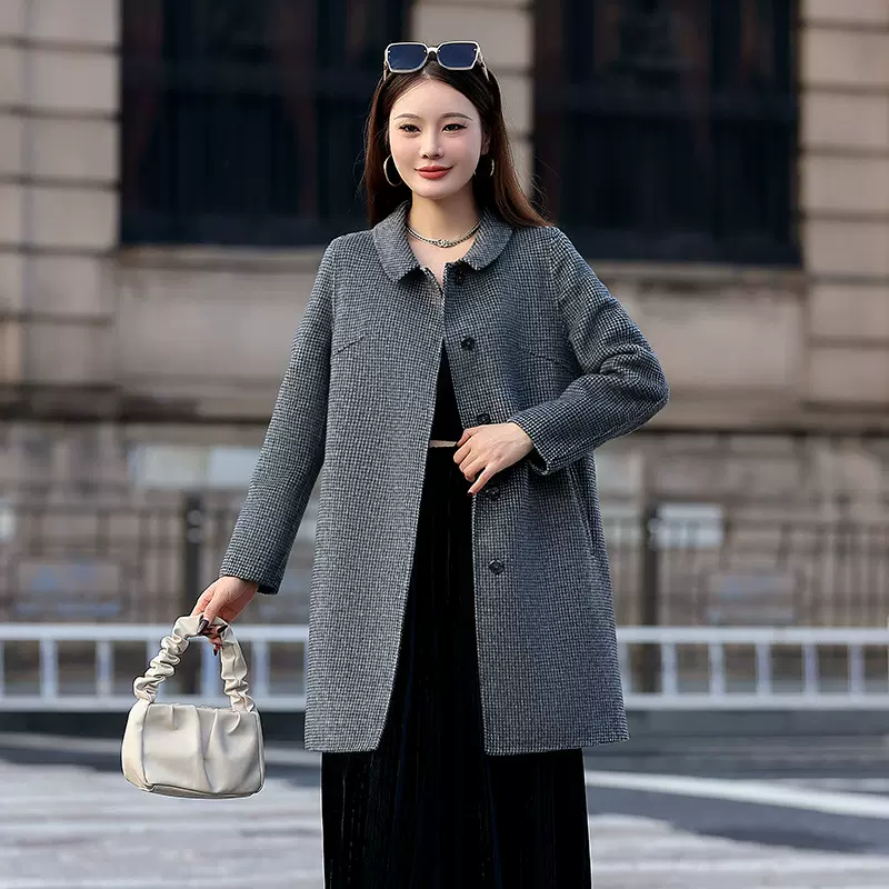 2025春款新款高端双面呢加长款格子双面羊毛大衣呢子外套女