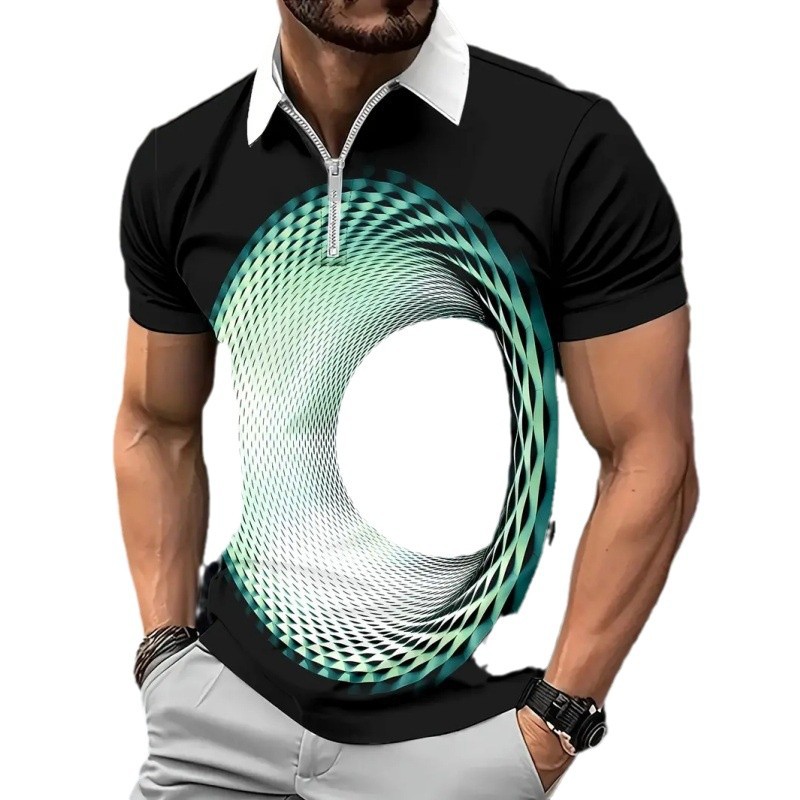 Venta caliente transfronteriza creativo visual vórtice 3D impresión digital para hombres calle alta suelta manga corta cremallera camisa POLO