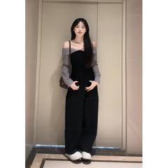 2025早秋新款女韩系穿搭一字肩拼接格纹上衣气质高腰显瘦阔腿长裤