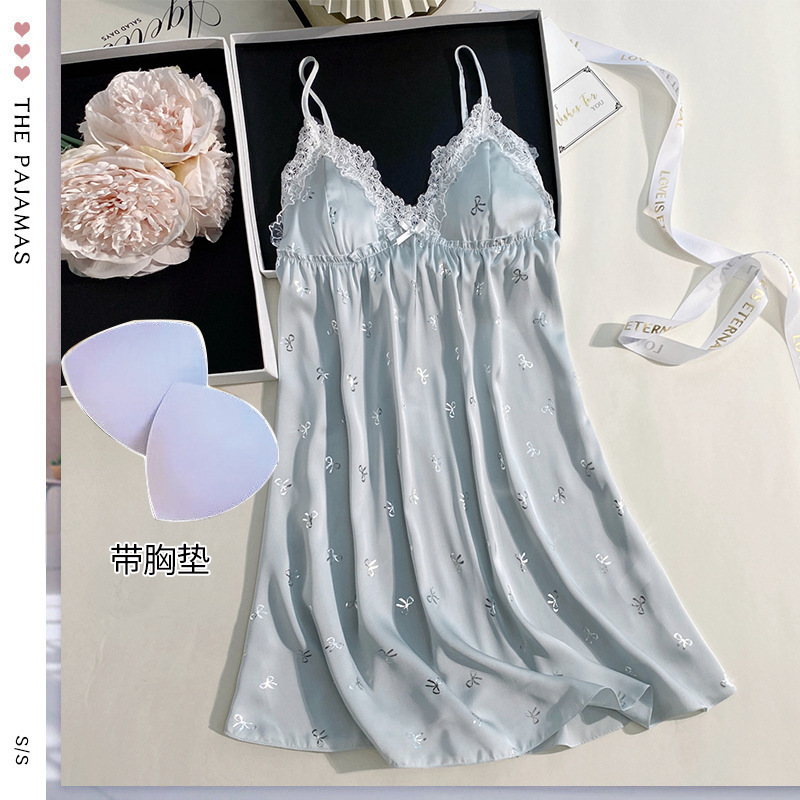 New Simple and Elegant Style Women's Summer Camisole Nightdress, Fashionable Silver-Embroidered Silk Nightdress for Home and Bathing