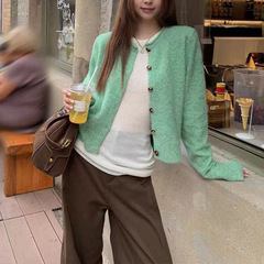 韩系薄荷绿长袖针织衫上衣女早秋新款宽松慵懒风毛衣开衫外套绿色