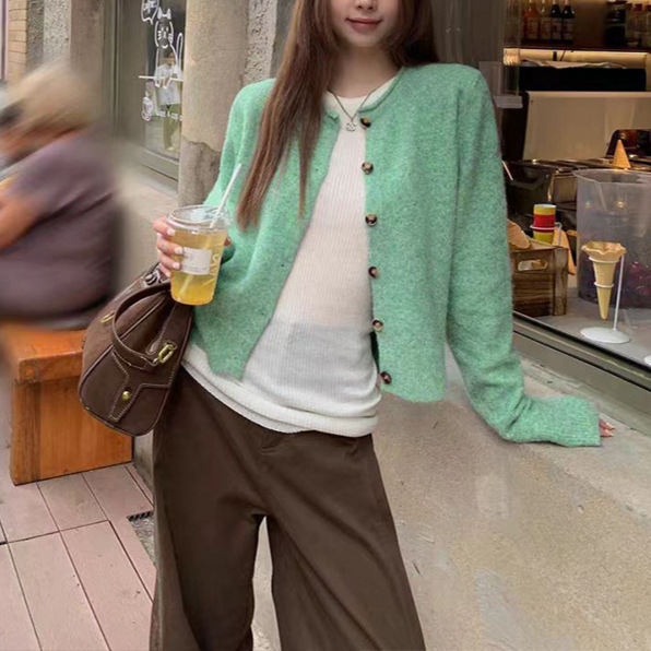 韩系薄荷绿长袖针织衫上衣女早秋新款宽松慵懒风毛衣开衫外套绿色|undefined