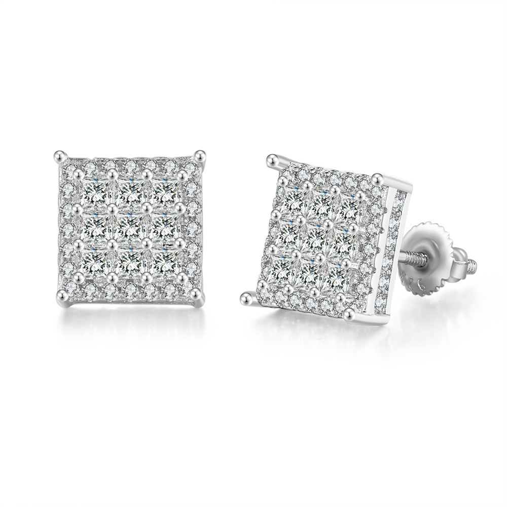 Square Full Diamond Thread Earrings For Men Trendy Studs_voghion.com