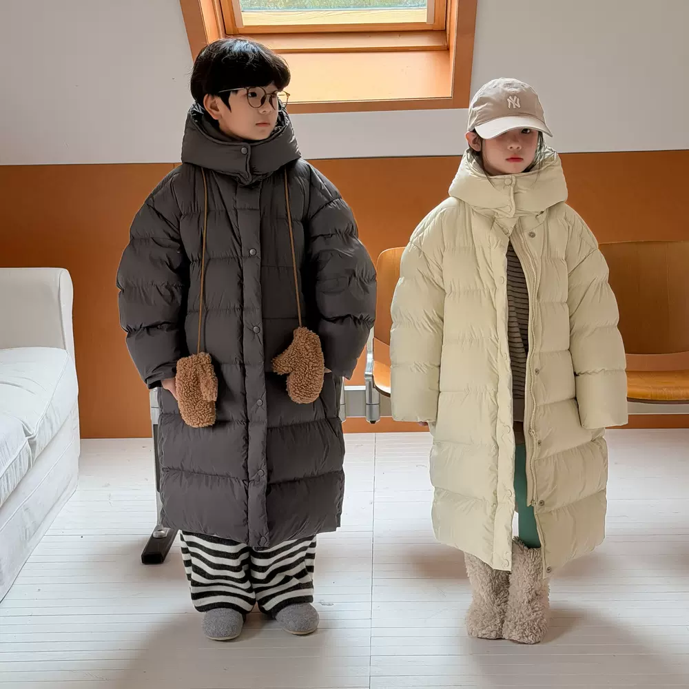 末小蒙童羽绒服2025冬季男女童韩版纯色中长羽绒外套保暖连帽可拆