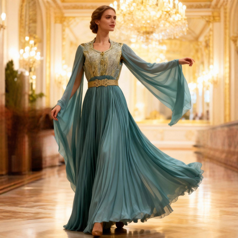Embroidered Cape-Sleeve Long Dress with a Cinched Waist, Banquet Gown with Intricate Pleats, Handcrafted Embellishments, and Rhinestones for an Elegant Look Embroidered Cape-Sleeve Long Dress with a Cinched Waist, Banquet Gown with Intricate Pleats, Handcrafted Embellishments, and Rhinestones for an Elegant Look