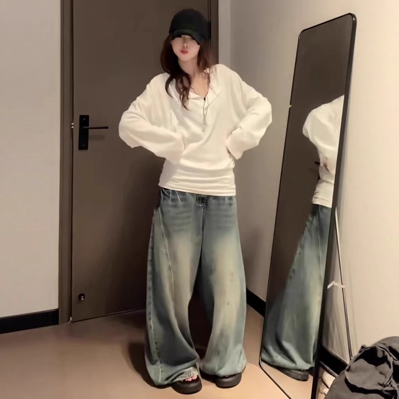 春季小众设计感百搭显瘦T恤大码胖MM慵懒宽松排扣v领蝙蝠袖上衣潮|undefined