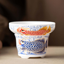 青花羊脂玉瓷茶漏创意锦鲤全瓷一体茶叶过滤网滤茶器茶隔茶道配件