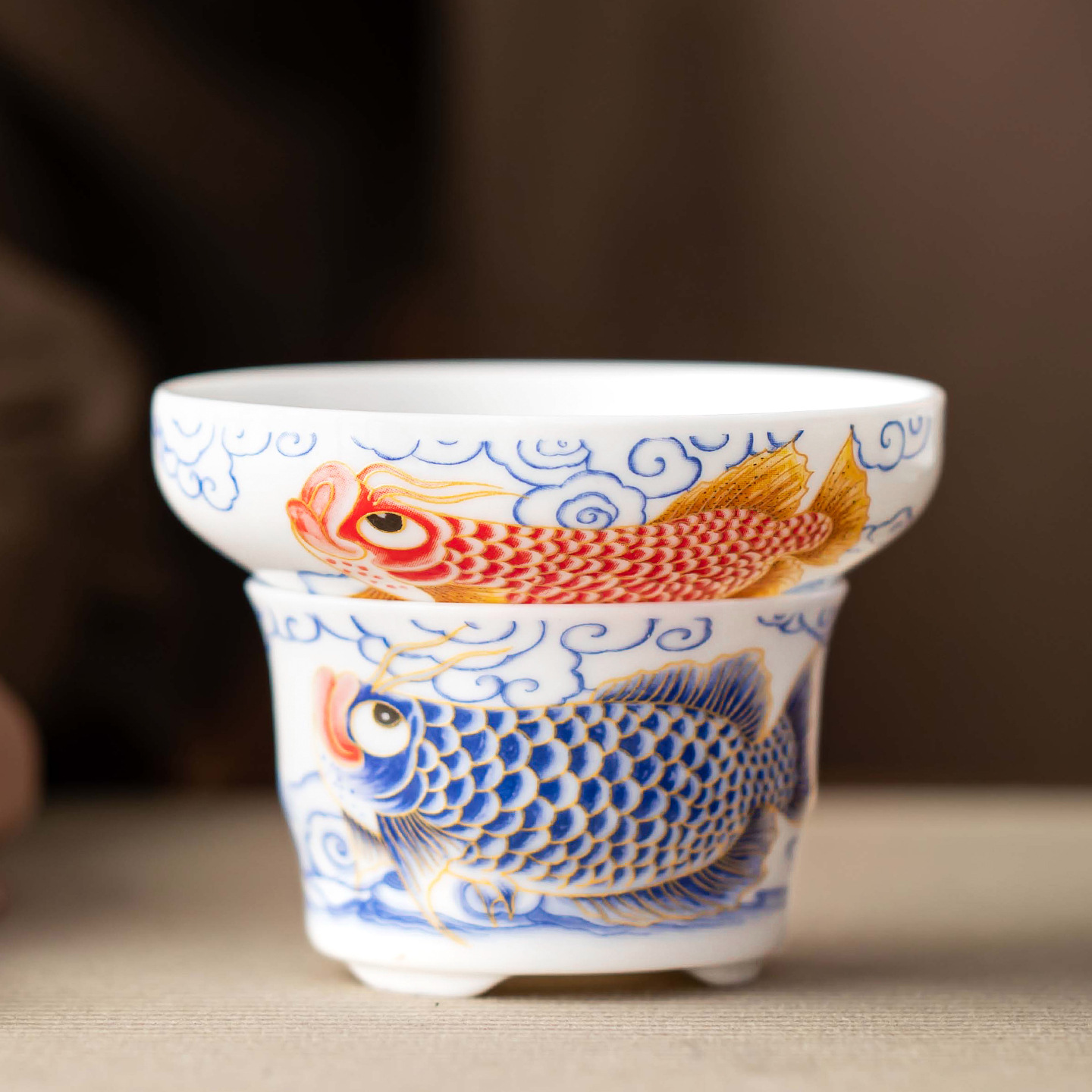 青花羊脂玉瓷茶漏创意锦鲤全瓷一体茶叶过滤网滤茶器茶隔茶道配件