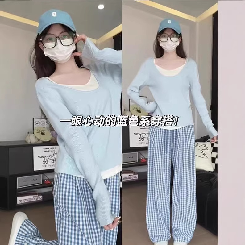 Azul y blanco dopamina cintura alta lindos pantalones a cuadrillas de verano colgante pantalones de piernas anchas pantalones casuales delgados pantalones de mujer