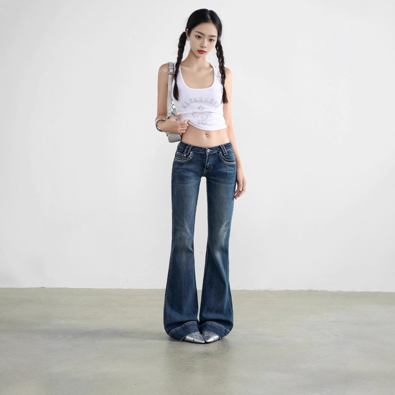 Trendy American-Style Ultra-Low-Rise Flared Jeans for Women, Autumn and Winter Slimming Washed Blue Stretchy Floor-Length Pants