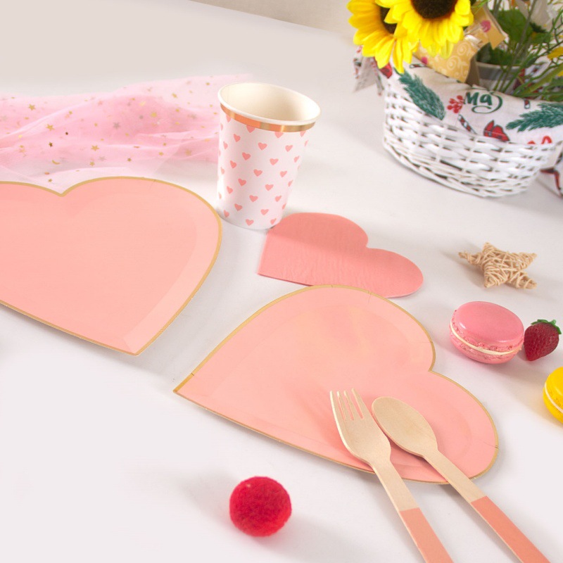 Placa de papel rosa de amor desechable set de cubiertos de San Valentín tema de pastel plato de refrigerio plato de fiesta