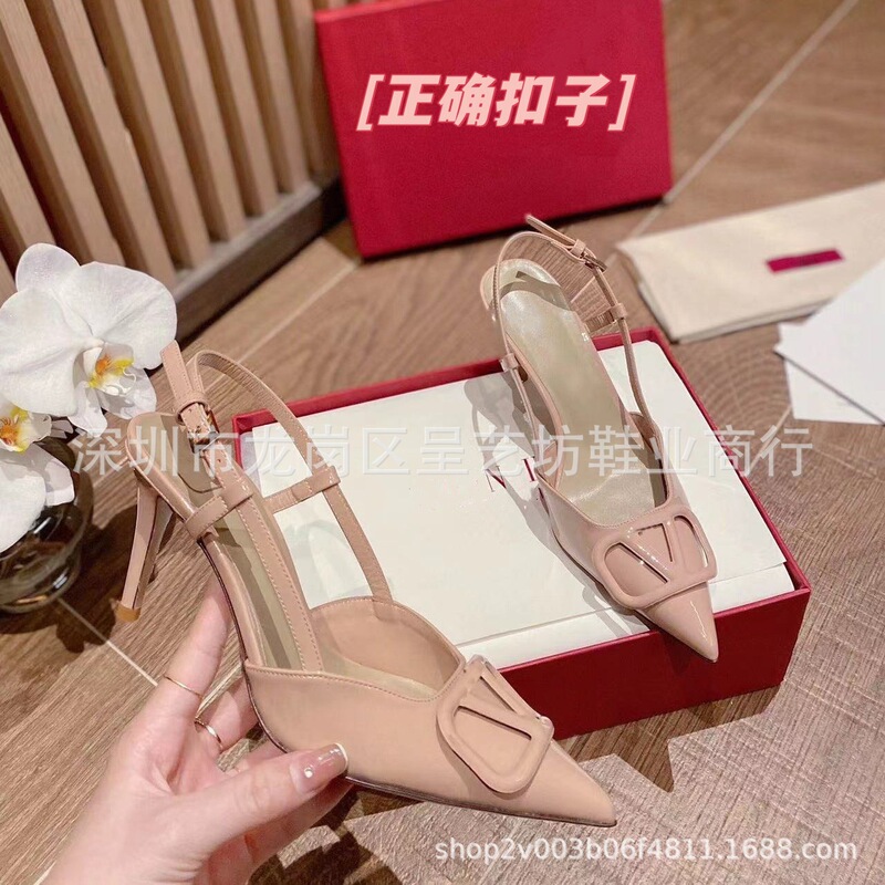 V-Buckle High-Heeled Shoes for Women, Summer Patent Leather Closed-Toe Backless Stiletto Sandals, Metal Buckle Pointed-Toe Single Shoes, Foreign Trade Women's Shoes V-Buckle High-Heeled Shoes for Women, Summer Patent Leather Closed-Toe Backless Stiletto Sandals, Metal Buckle Pointed-Toe Single Shoes, Foreign Trade Women's Shoes