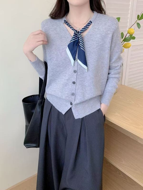2025秋季新款针织毛衫女士V领丝巾针织开衫宽松显瘦长袖衬衣上衣|undefined