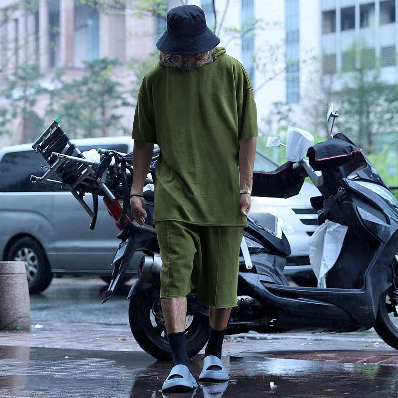 2024 Men's Short Sleeve Shorts Oversize Fur Loose Sports Casual Hooded Set_mkmklike.com